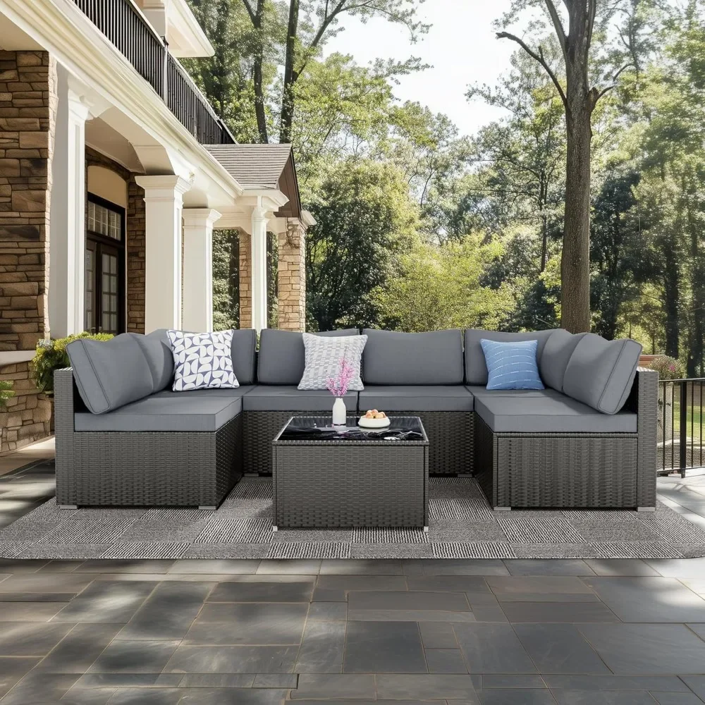 

7 Pieces Patio Furniture Set - Outdoor Sectional Wicker Rattan Furniture w/Cushion and Glass Table, Outdoor Sofa Set