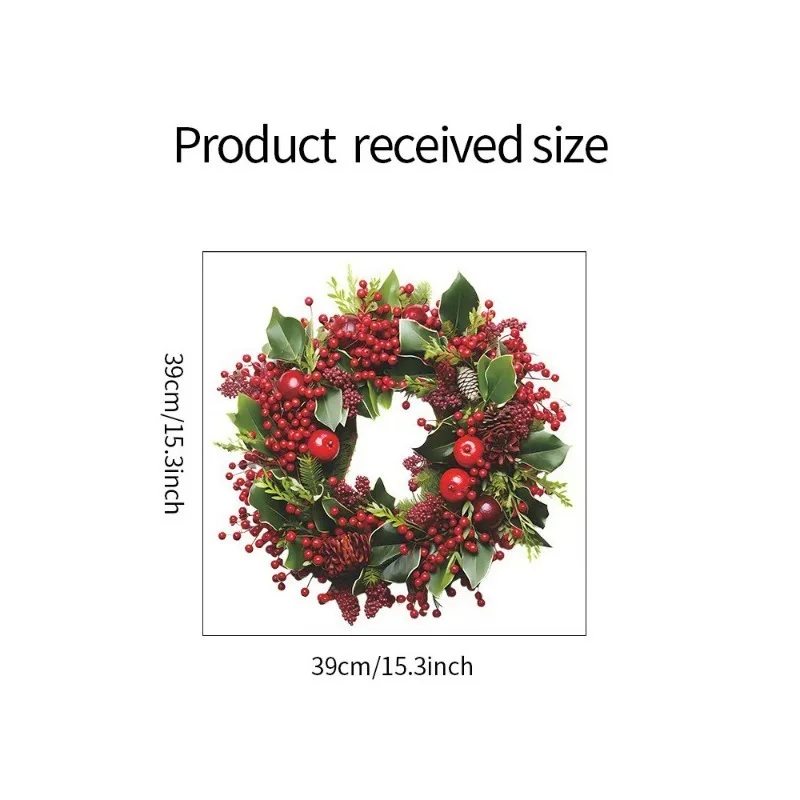 Artificial Pine and Red Berry Wreath Stickers Self Adhesive Wall Decals for Entrance Hall Balcony and Bedroom Decor