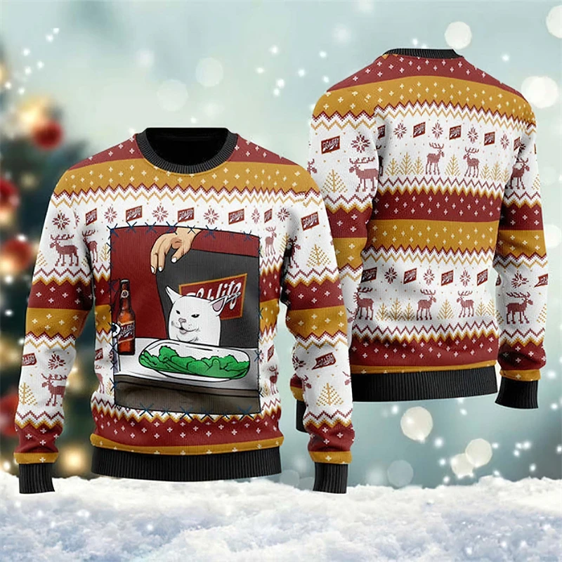 Funny Cat Graphic Ugly Christmas Sweater For Men Fashion Autumn Winter 3D Printed Xmas Sweatshirt Loose Breathable Pullovers