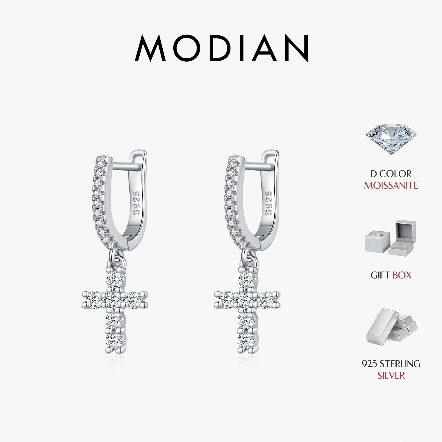 MODIAN D Color VVS1 Clarity Moissanite Hoop Earrings 925 Sterling Silver Dazzling Luxury Cross Dangle For Women Fine Jewelry