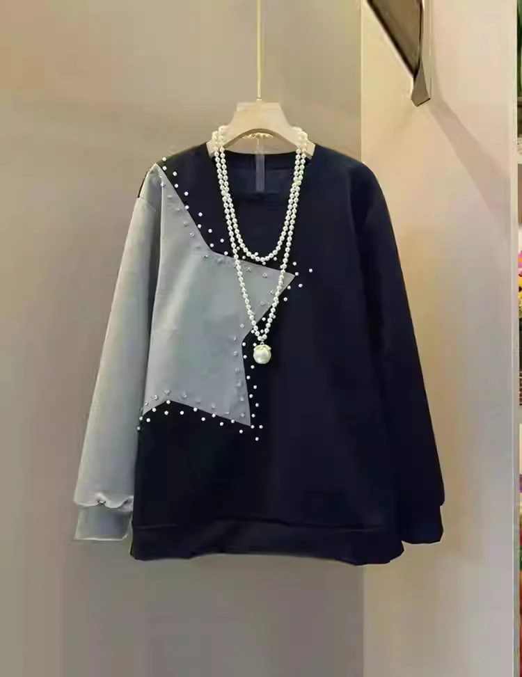 Pull à manches longues pour femme, col rond, taille grande, printemps-automne, doux, perlé, tendance, ample, style coréen, polyvalent, haut de loisirs