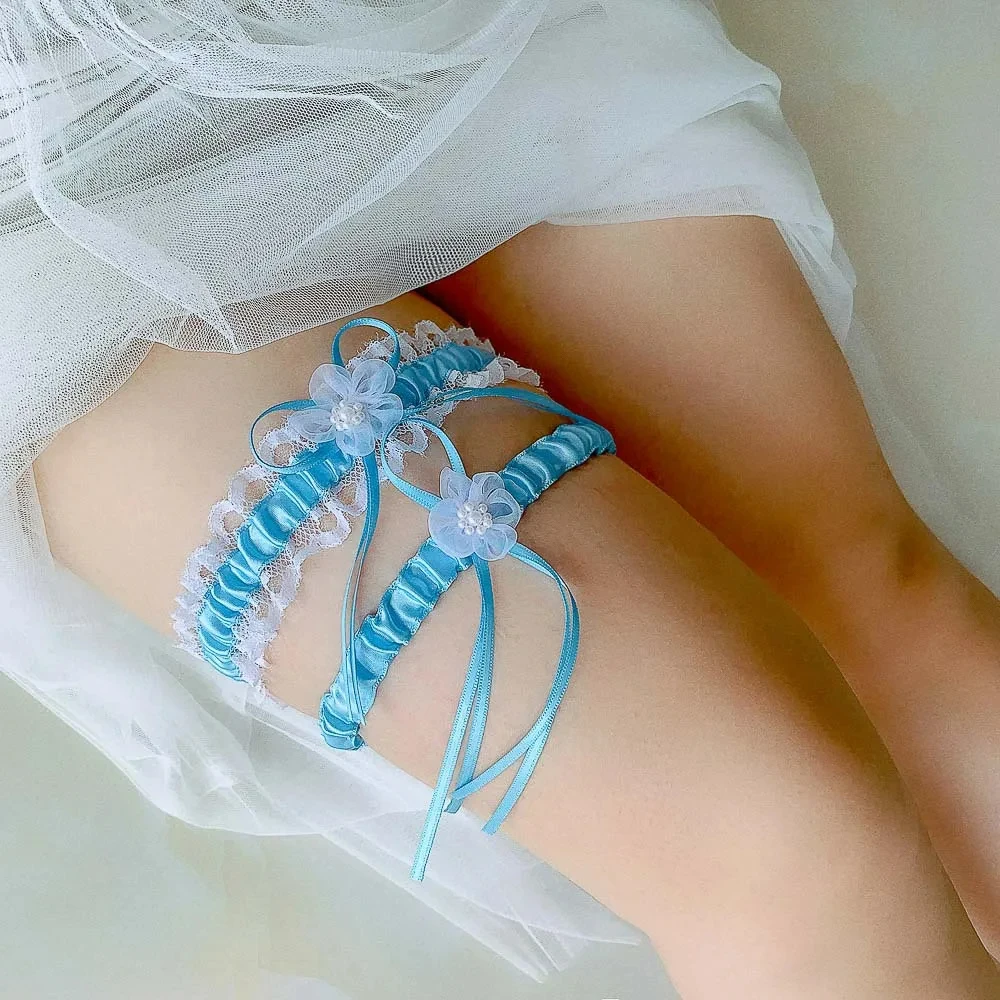 Sky Blue Wedding Garter Bridal Shower Bride Keepsake  Lace Pearls Bow Women Ladies Garter Night Supply