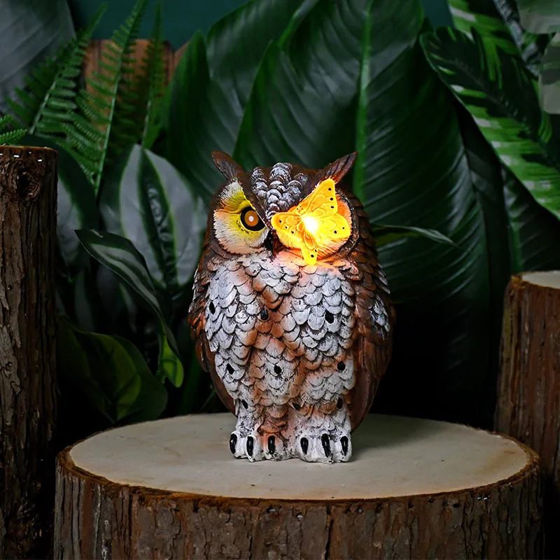 Solar-Powered Waterproof Resin Garden Ornaments - Butterfly & Owl Statue Lights for Yard & Lawn