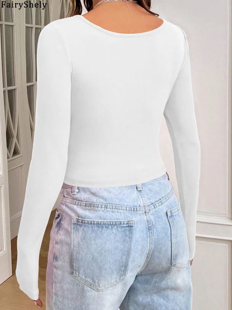 Fairyshely 2025 الخريف الشتاء Bodycon تي شيرت مثير المرأة ساحة الرقبة المحاصيل الأعلى سيدة طويلة الأكمام الأبيض نادي بلوزات قصيرة الملابس