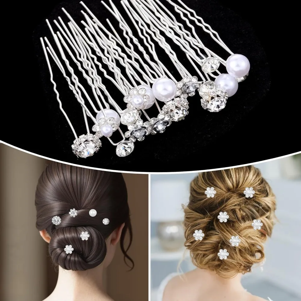 40 Pcs Pearl and Rhinestone Bridal Hair Pins, Wedding Pearl Hair Pins U Shape Rhinestone Flower Hairpins Silver Hairs Jewelry