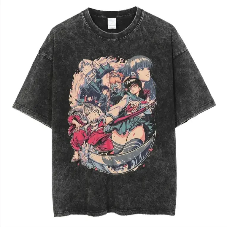Camiseta de Algodón Lavado Estilo Vintage de Verano 2026 de Inuyasha, Estilo Urbano Oversize con Personajes Principales como Kagome, Sesshomaru y Otros