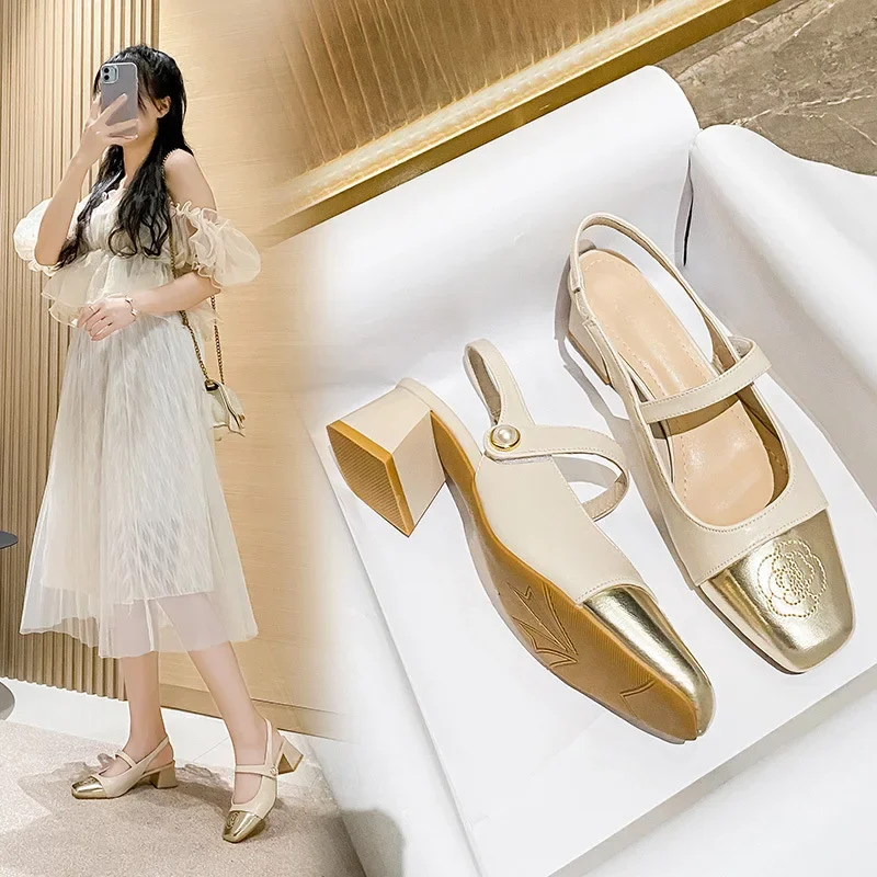 Fashion Women Pumps Square Toe 4.5CM Square Heel New Fashionable and High-end Buckle Strap Collocation with Dress Women Shoes