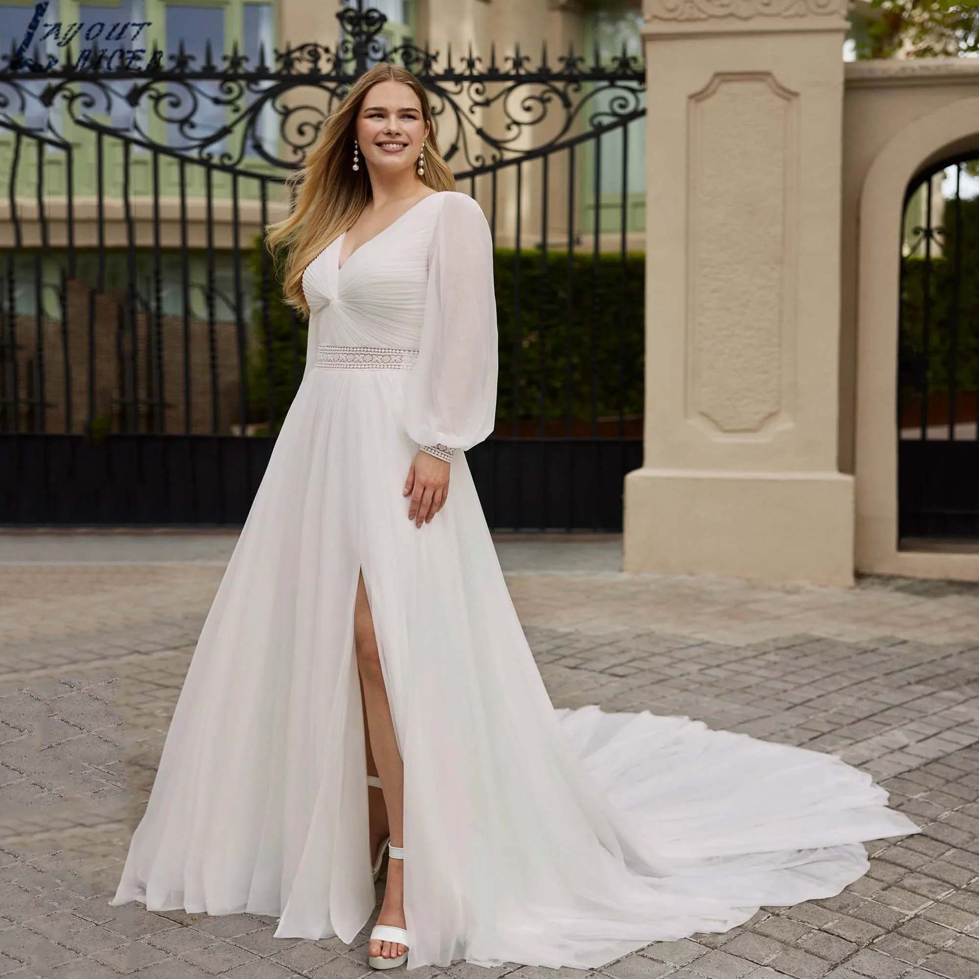 Minimalism Chiffon Lace Wedding Dress V-neck A-line Slit Bridal Gown Long Sleeves Oversize Backless vestidos de novia Customized