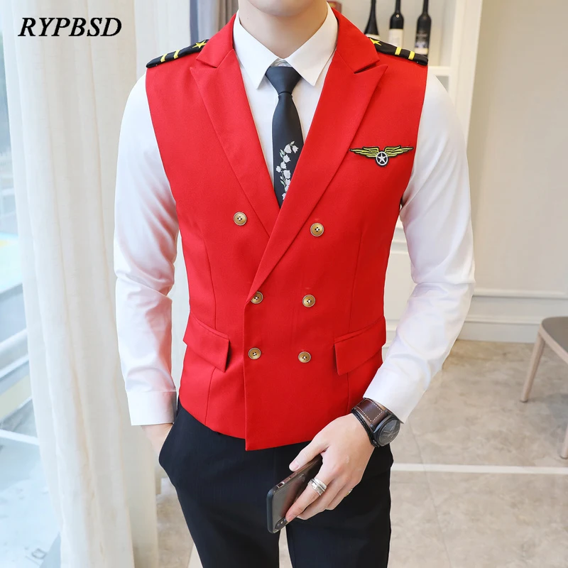 

Pilot Suit Vest Men Fashion Korean Slim Fit Embroidery Air Force Double Breasted Vest Men Work Uniform Flight Costume Cosplay