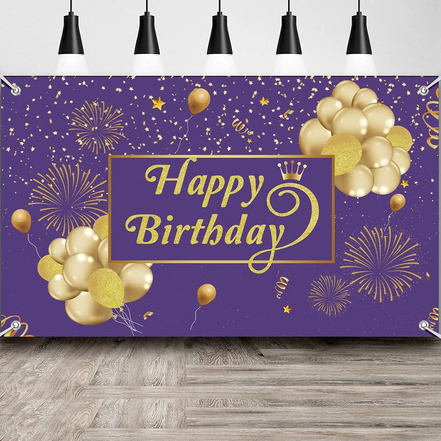 

Photography Backdrop Purple Gold Happy Birthday Banner Party Decorations For Women Girls Glitter Golden Balloons Background