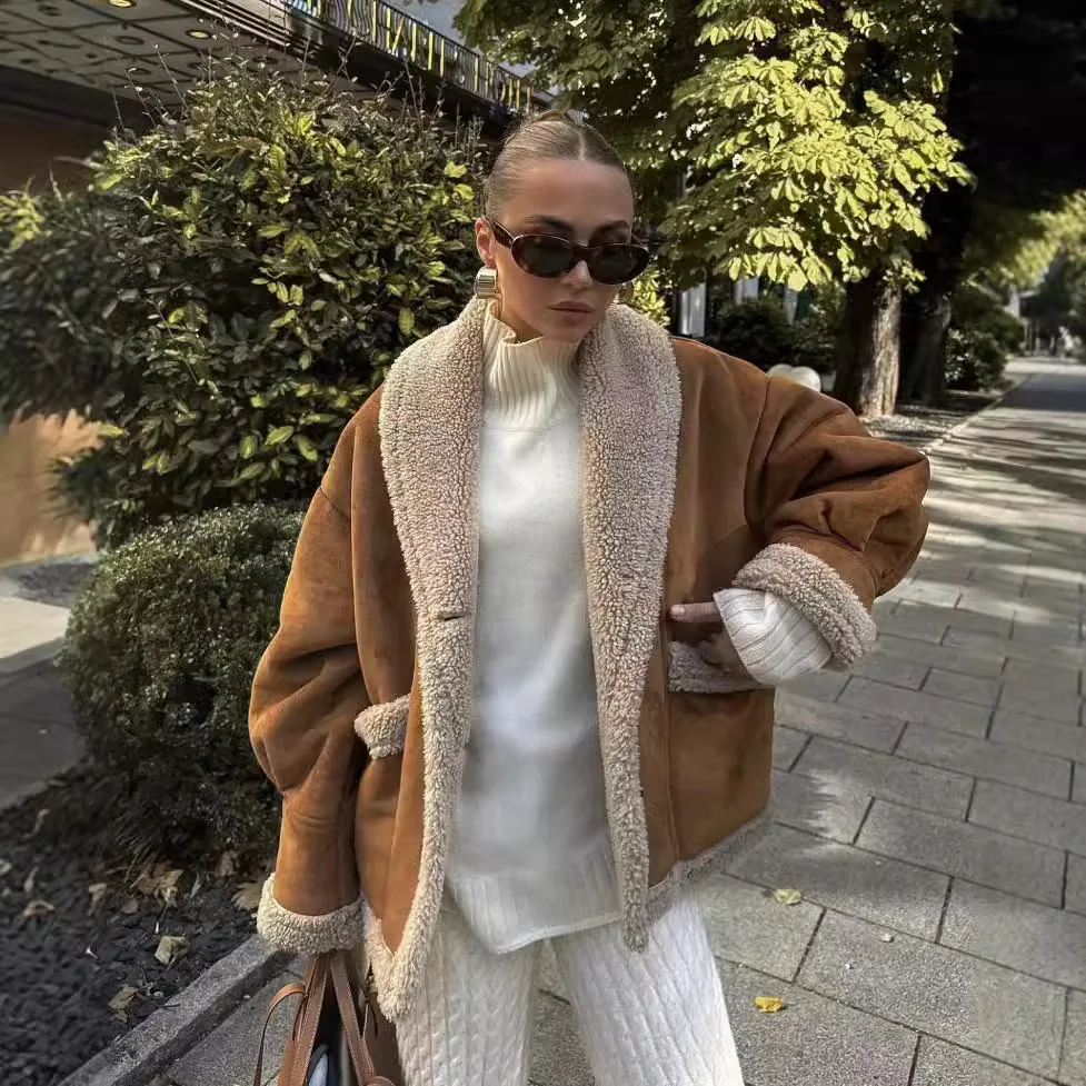Vintage Autumn Winter Women's Wool Coat Lapel Loose Leather and Fur Top Fleece Lining Button Cardigan Long Sleeves Streetwear