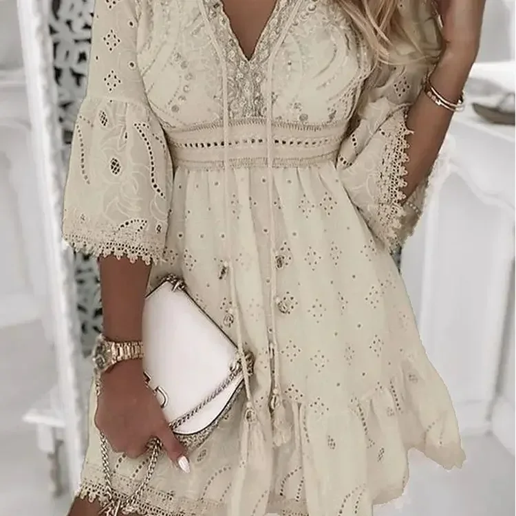 Hollow Out Summer Dress for Women Female V Neck Long Sleeve White Dresses Loose Solid Casual Women Beach Holiday Dress Vestidos