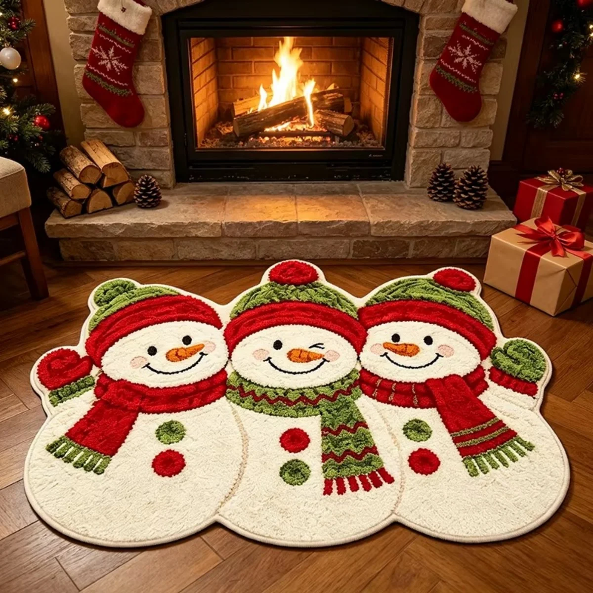 Triple Snowman Linked Rug Winter Holiday Floor Mat Festive Fireplace Accent For Living Room Ornament
