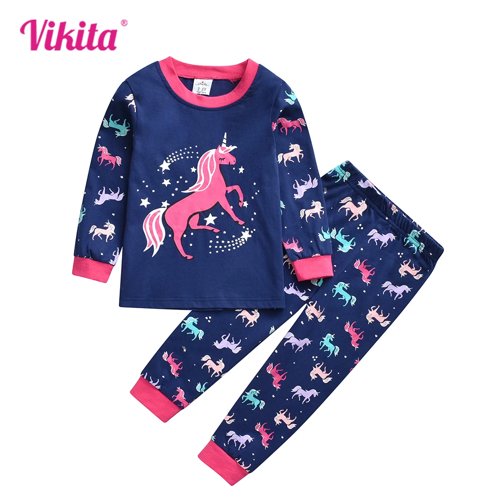 VIKITA Zestawy ubrań dla dzieci Dzieci Licorne Print Bawełna Casual O Neck T Shirt i spodnie 2-częściowy garnitur Homewear Piżama Ubrania dla dzieci