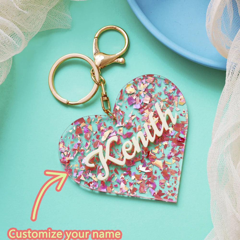 1PC Custom PMMA Keychain - Personalized Heart-Shaped Sparkly Accessory | Laser Engraved Daily Use Gift for Teens