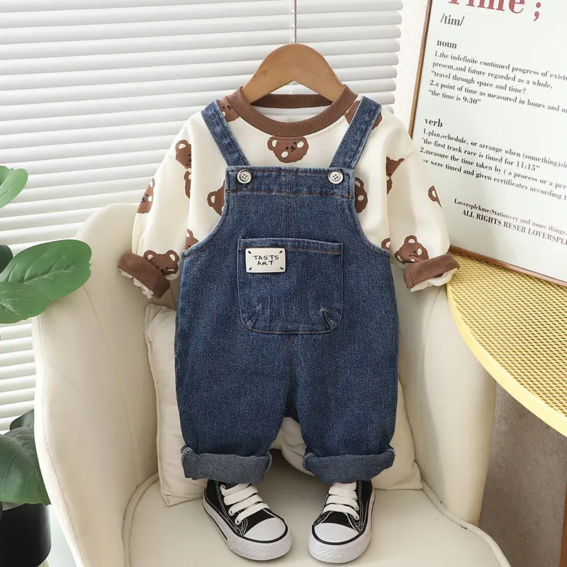 

Children Cotton Out Clothes Toddler Spring Autumn Baby Boy Girls Printe T Shirt Denim Bib Pants 2Pcs/set Outfit Kid Tracksuit