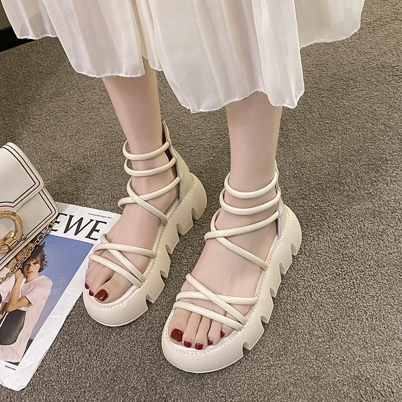 Sandals Women 2023 New Summer Round Head Ankle Strap Platform Luxury Sandals Casual Non-slip Roman Gladiator Female Ladies Shoes