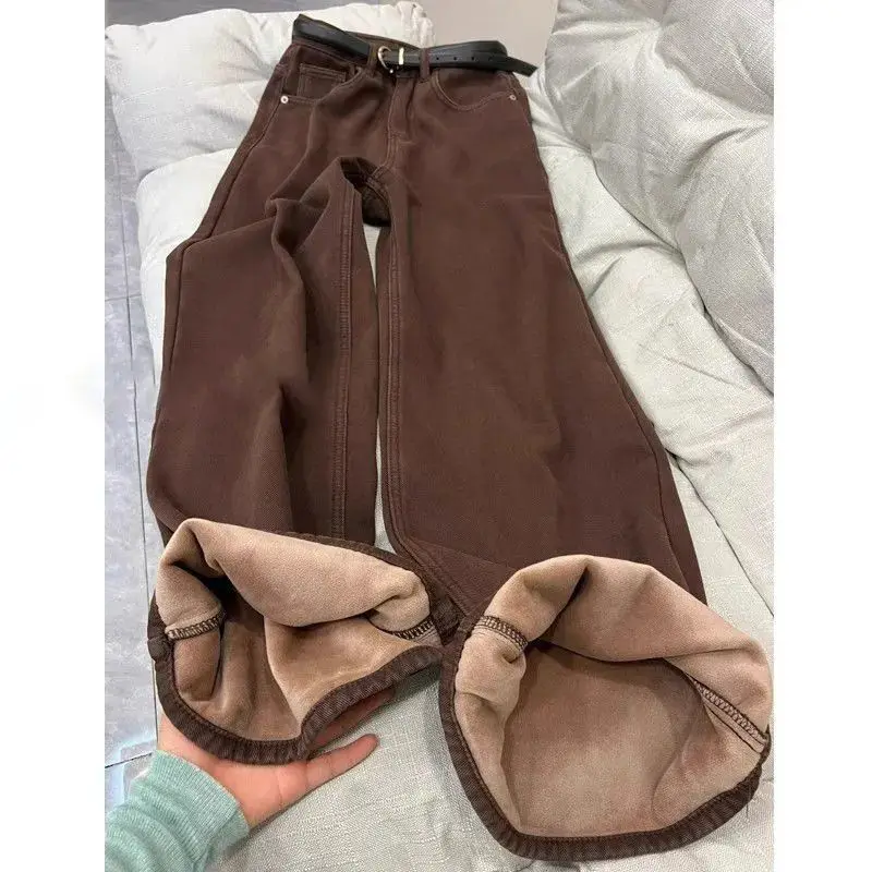 Women Fleece-Lined Jeans Women Straight-Leg Pants High-Waist Pockets Wide-Leg Pants High-Waist Loose Straight Pant Girl Students
