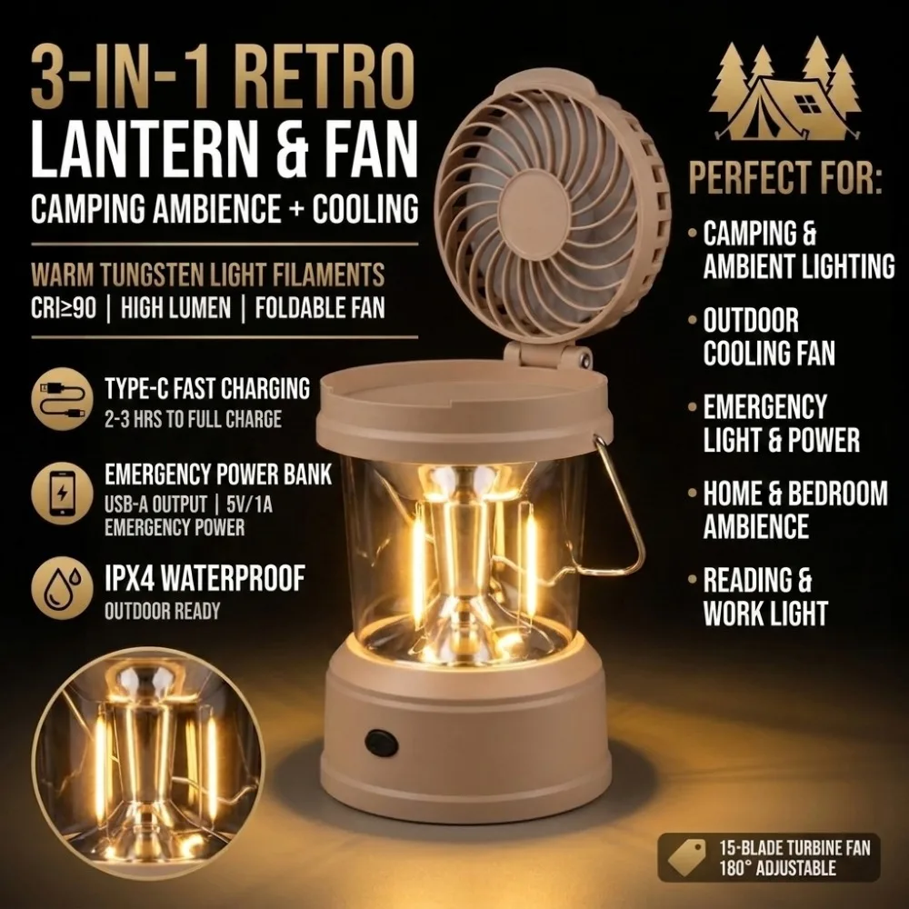 2in1 Camping Lantern Fan, Rechargeable 2700K Light, 7-Blade Foldable Fan, 1500mAh Battery, IPX4 Portable for Tent Outdoor Home