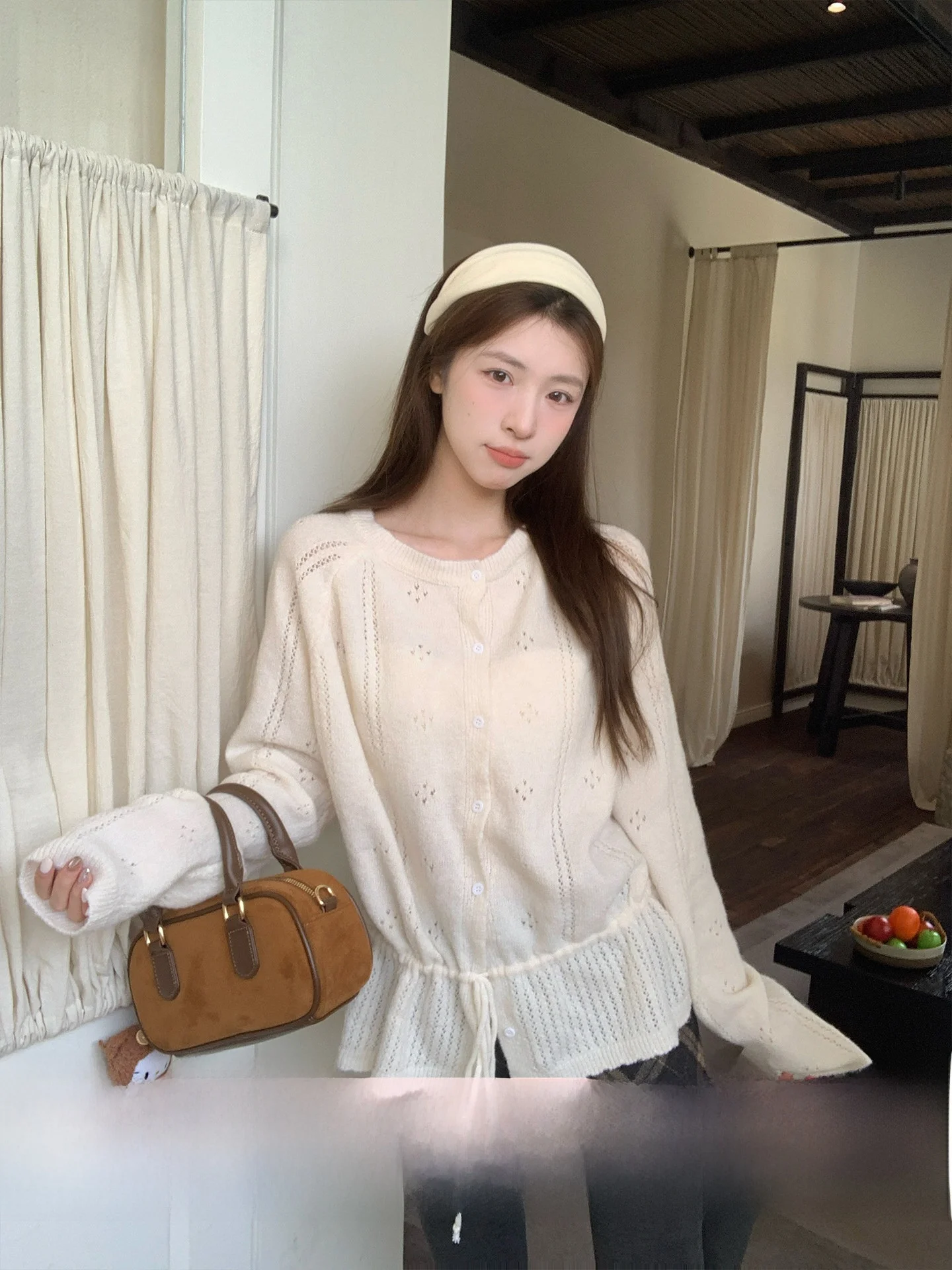 

Morningbloom Korean Sle Long Sve Knitted Top Women's Spring Autumn Wear Hollow out Lace Waist Cinching Inner Wear irt