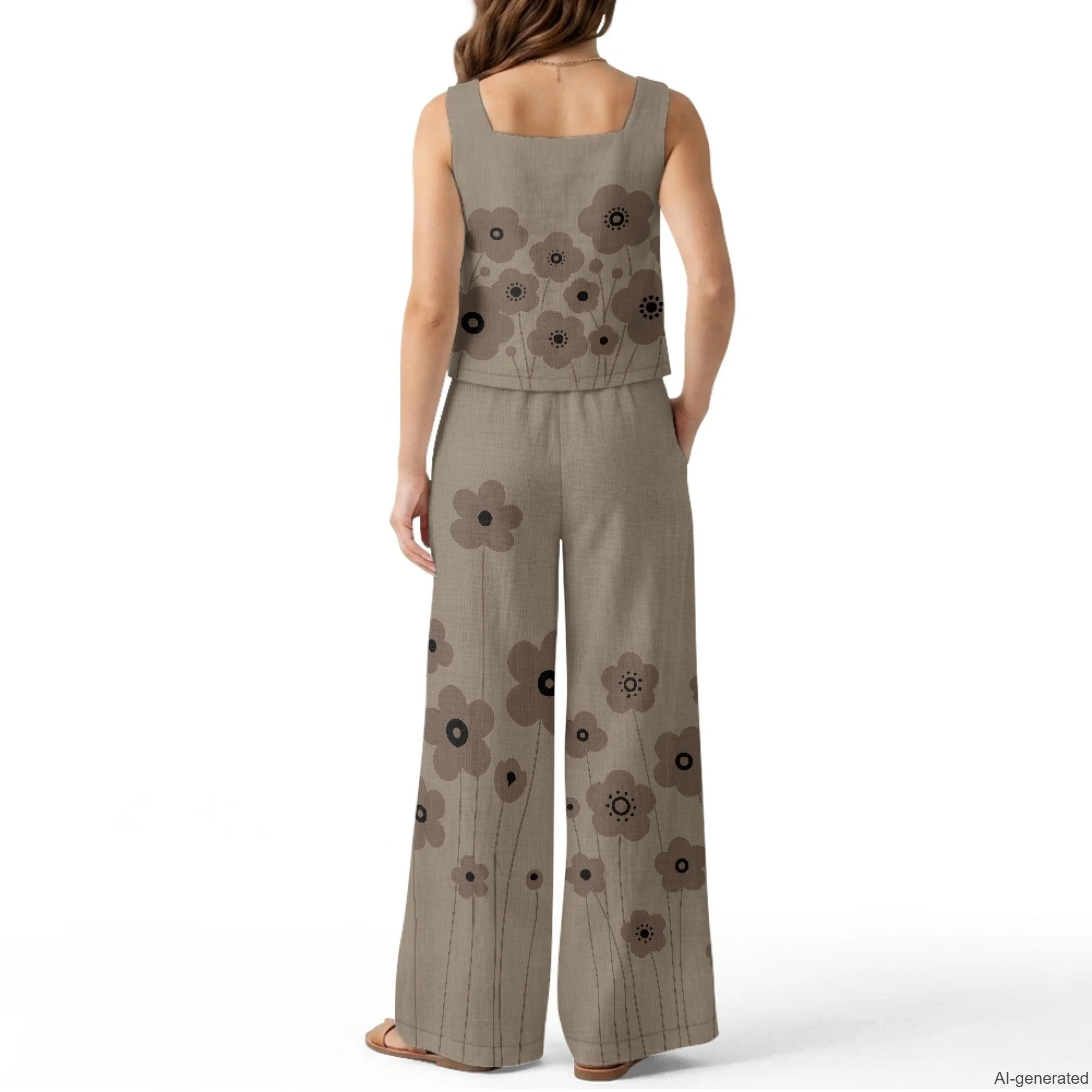 XIXIRIMIDO Women's Linen Two Piece Floral Prints Sleeveless Tops Wide-Leg Pants Lounge Set Beach Vacation Outfits with Pockets