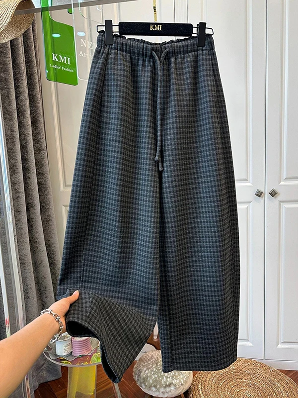 

plus Size Women's Classic Plaid Fce Lined Warm Casual Pants Loose Straight Leg Wide Leg Trousers Comfortable Buxom MM