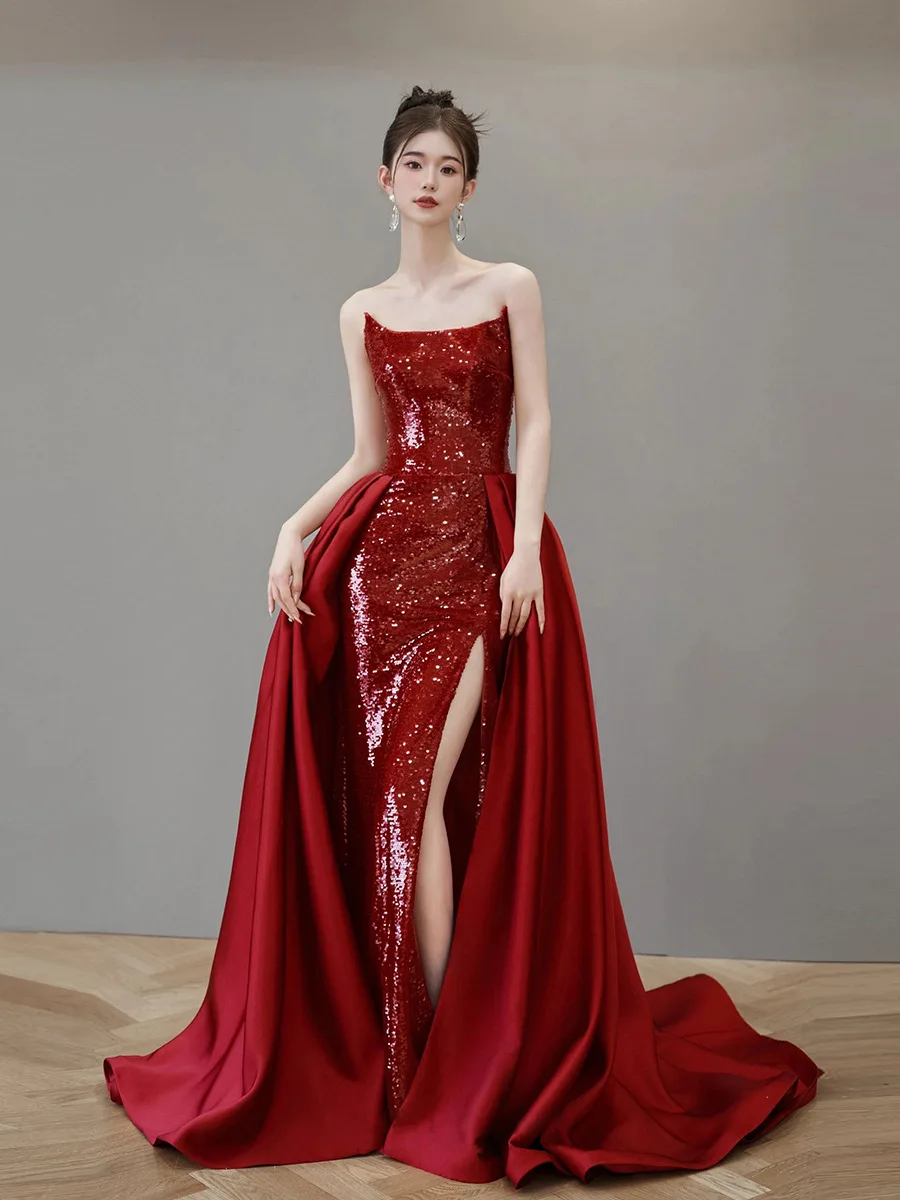 Modern Style Red Strapless Mermaid Side Split Prom Dresses Glitter Sequin Court Train Slim Fit Evening Banquet Party Dresses