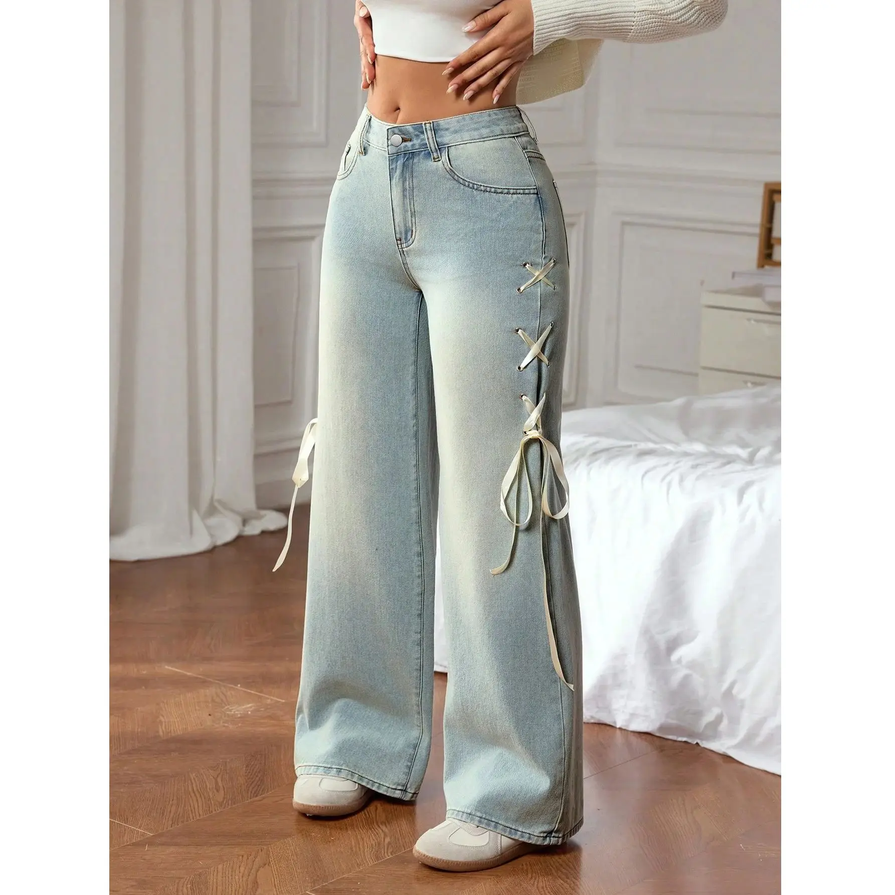 

Y2K 2000S Jeans Women Vintage Streetwear Bandage Wide Leg Denim Pants Harajuku Korean Baggy Casual Straight Trousers