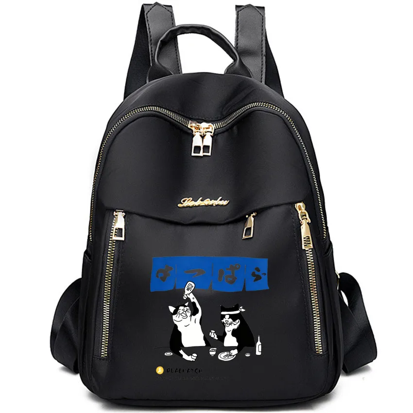 

Women Backpack Harajuku Japanese Cat Drinking Printed Travel Waterproof Oxford Shoulder Bags Female Handbag Rucksack Black