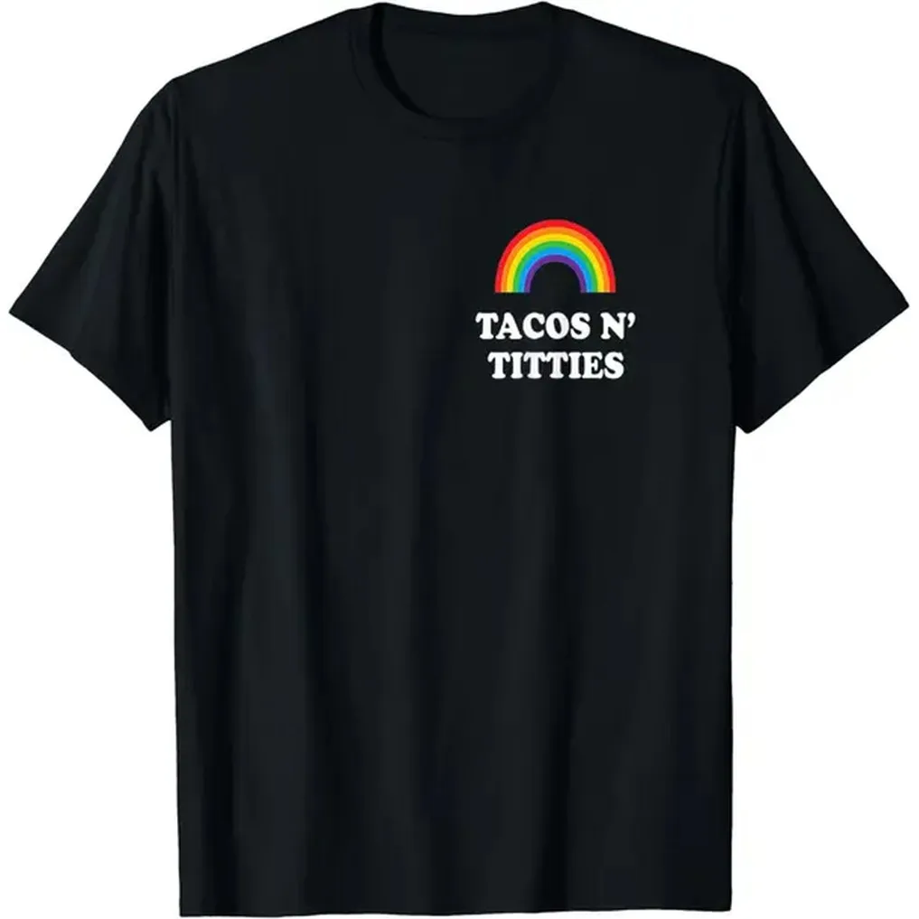 Streetwear T-Shirt with Funny Tacos and Titties Graphic, 100% Cotton Casual Short Sleeve Top for Men, LGBT Gay Pride Gift, Tshirt, Shortsleeve, Fitted, Digital Print, Crew Neck, Playful Vibe