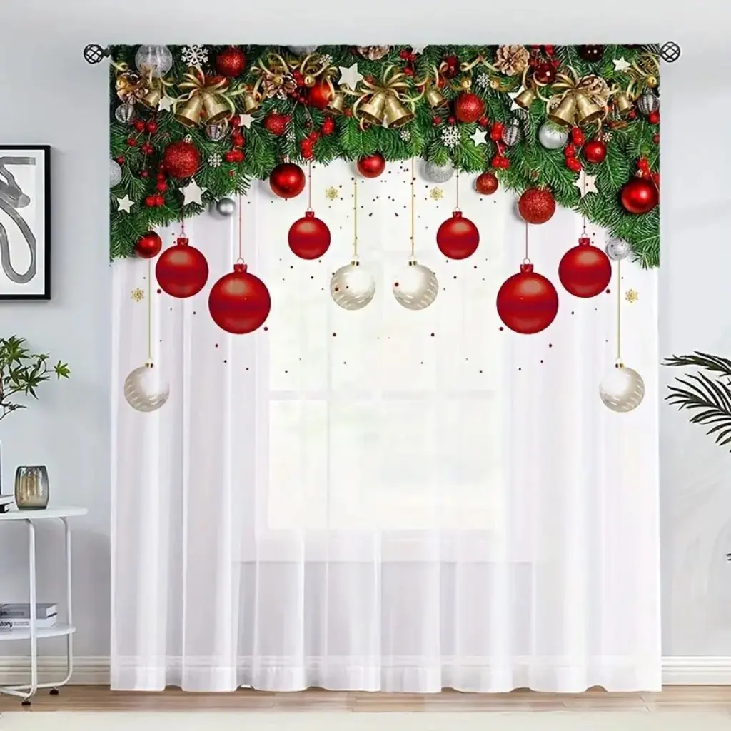 2pcs Vibrant Red Balloon Christmas Printed Rod Pocket Curtain - Window Sheer Curtain for Living Room, Study, Bedroom, Office