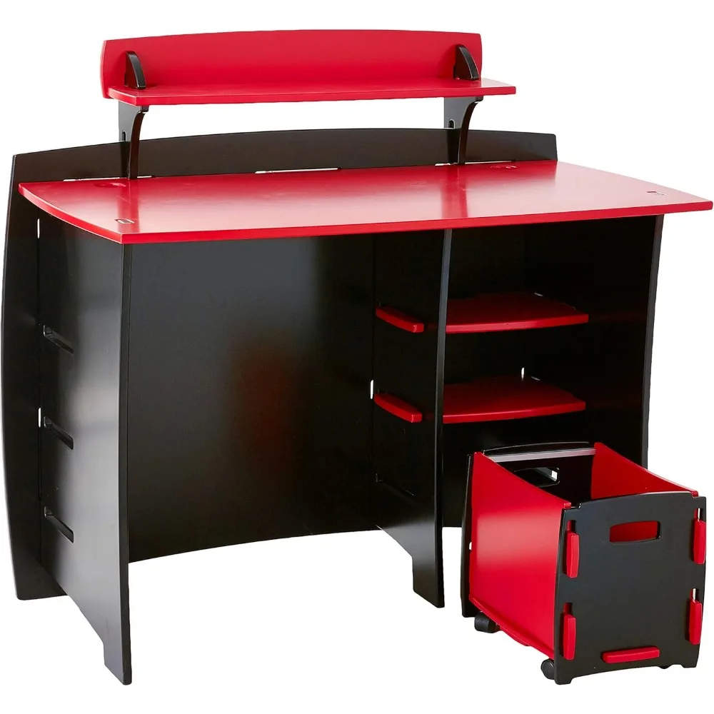 Furniture Children's Desk with Shelves and File Cart Set for Kids, Red and Black