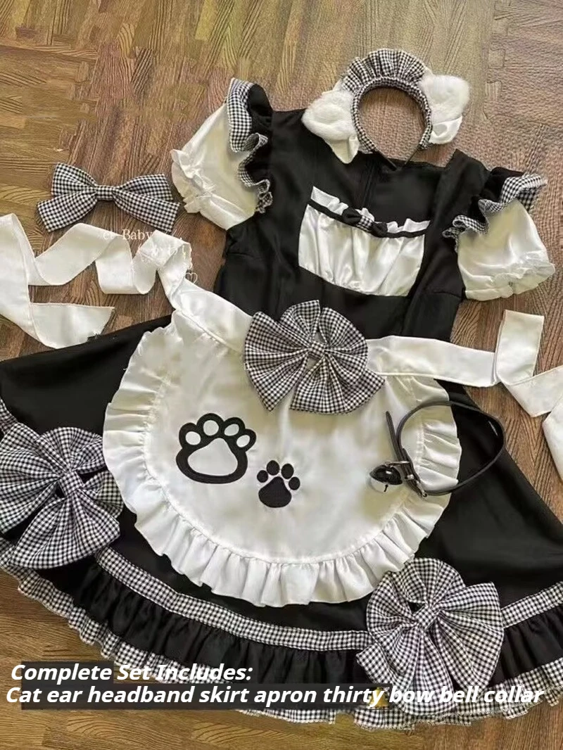 Harajuku Black And Pink Maid Outfit Kawaii Lolita Dress Femme Cos Sweet Girly Cat Bow Suit Birthday Prom Short Dresse Girl Women