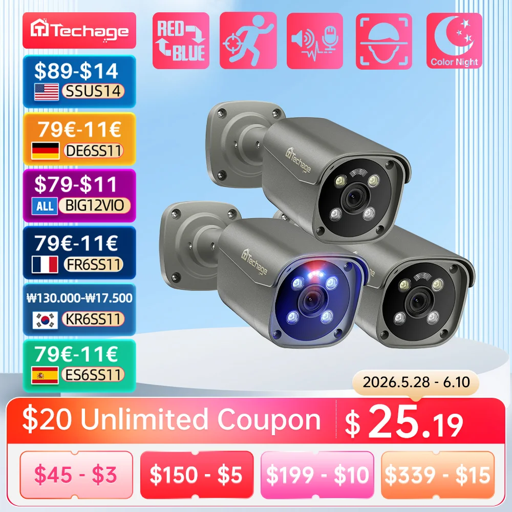 Techage 4MP 5MP 4K POE Camera AI Smart Two Way Audio Outdoor Face Detection CCTV Video Surveillance AI IP Camera for NVR System