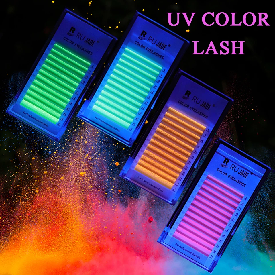 Rujade UV Fluorescence Color Lashes Extension Orange Purple Green Blue Pink Ombre Colorful Rainbow Individual Volume Eyelashes