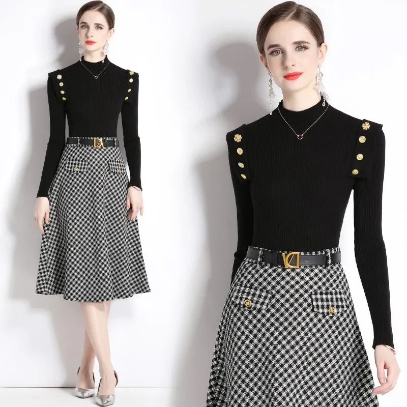 Half Turtleneck Slim Sweater Knit Skirt Retro Suit New Office Ladies Business Black Dress