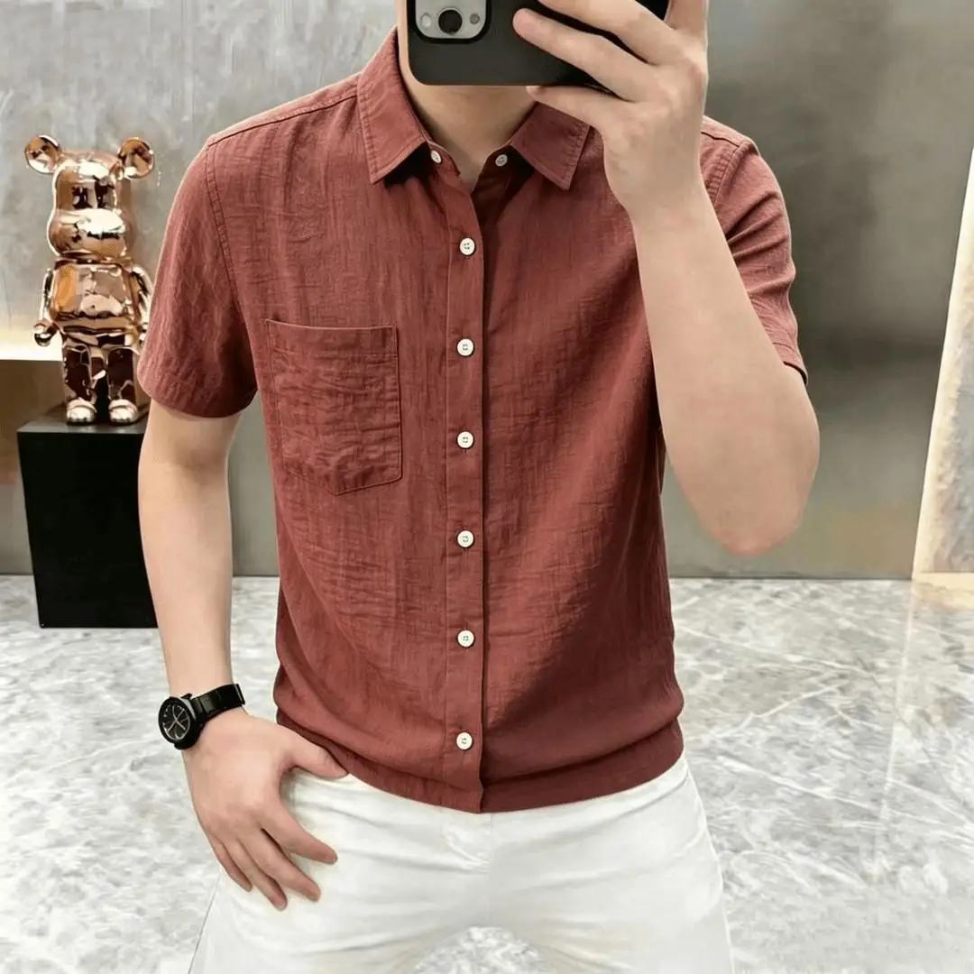 Men's Green Short Sleeve Button Down Shirt Casual Cotton Linen Blend Top for Summer Daily Wear Breathable Lightweight