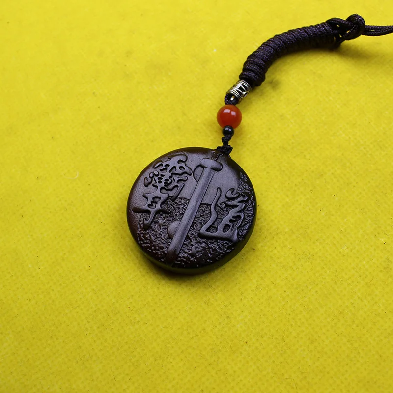 Traditional Chinese Thunder Struck Jujube Wood Pendant Double Sided Carved Zhong Kui Tai Chi Bagua Lucky Blessing Peace Protecti