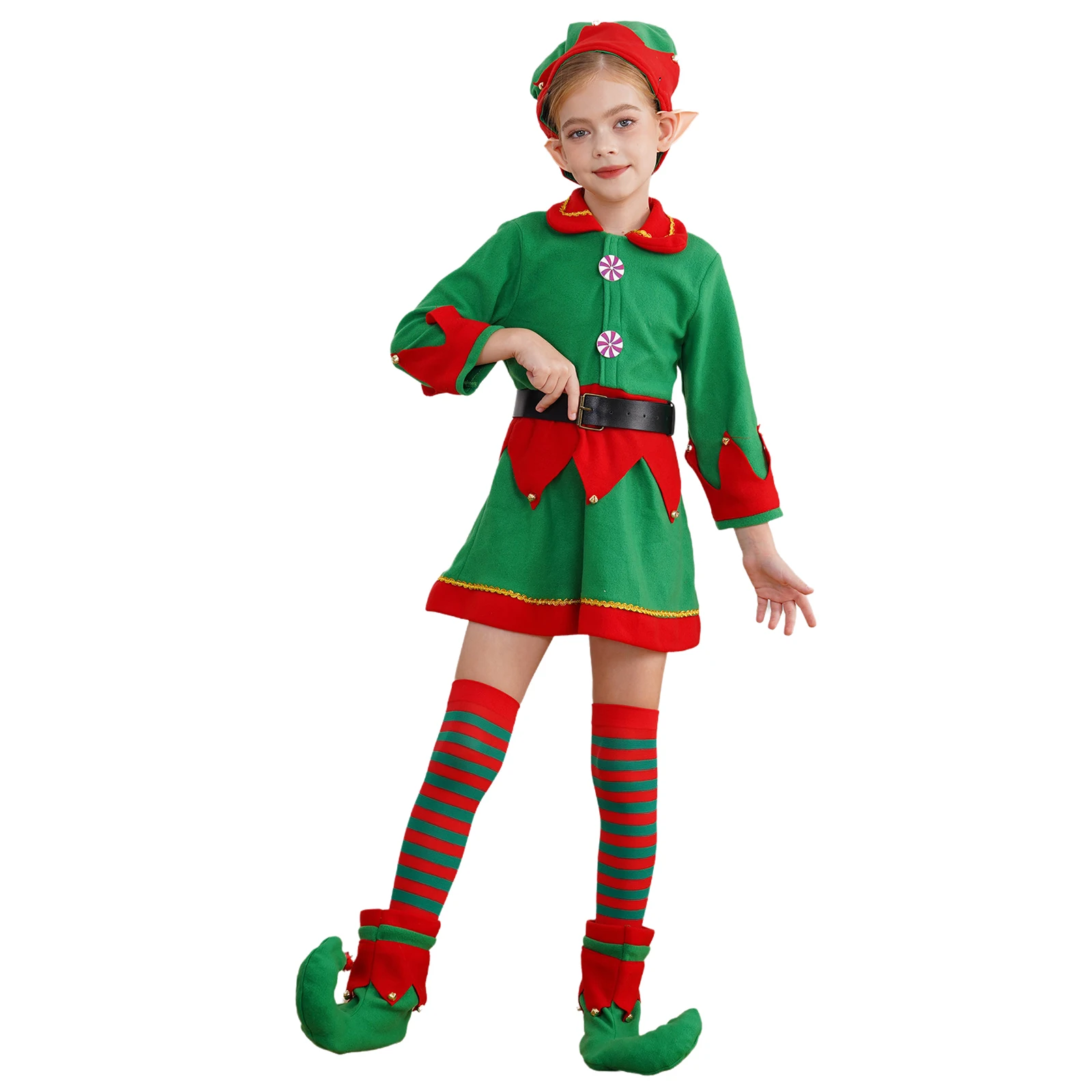 6 Stücke Kinder Mädchen Weihnachtsfeier Fee Elf Rollenspiel Kostüm Kleid mit Hut Silikon Elfenohren Gürtel Strümpfe Und Schuhe Anzüge