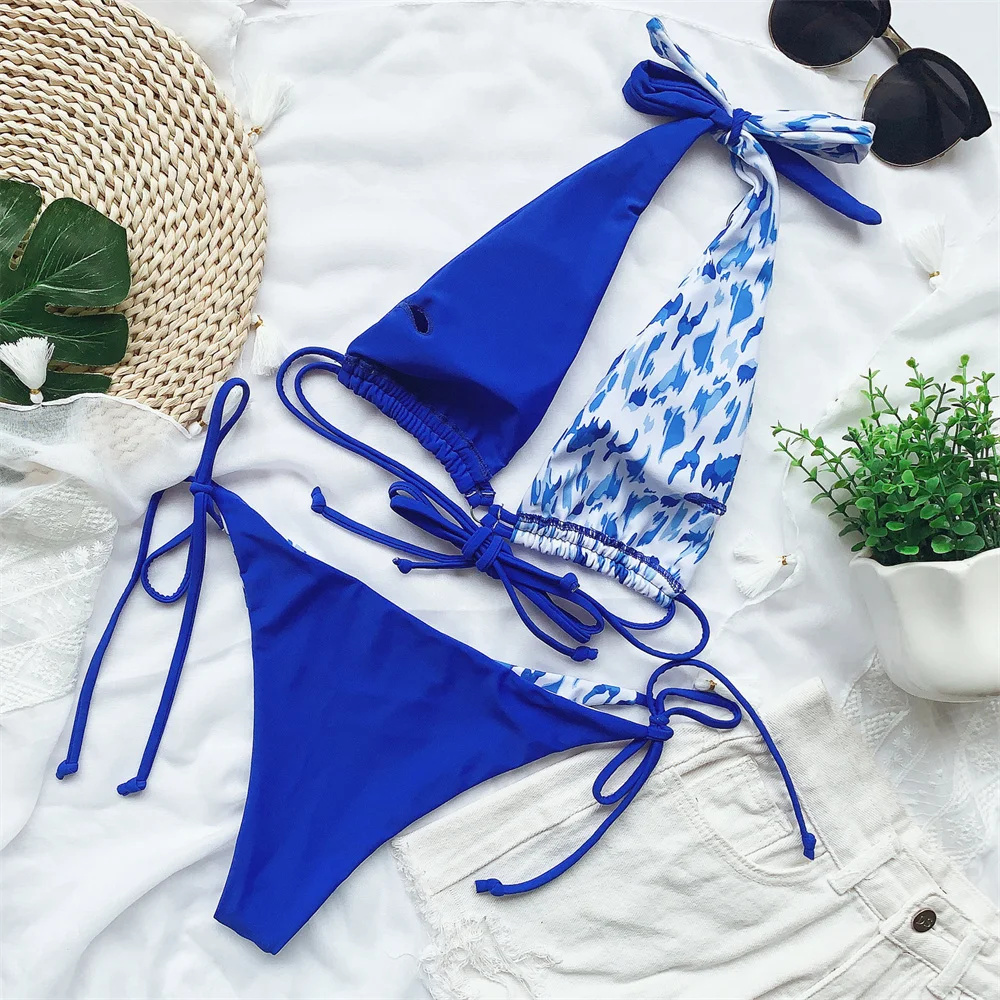섹시한 프린트 비키니 백 레스 붕대 홀터 매듭 수영복 가역 가죽 끈 패치 워크 수영복 여성 비치 복장 수영복