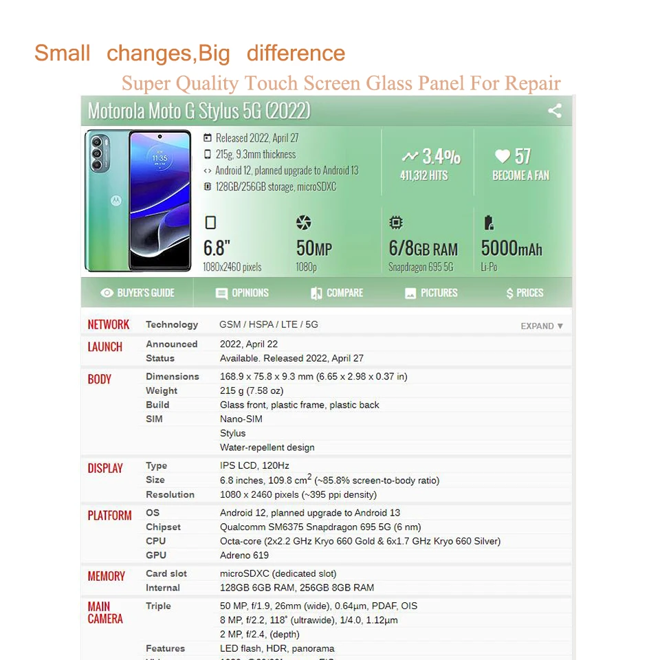 Substituição LCD Touch Screen para Motorola, painel de vidro frontal exterior, lente com OCA, Moto G Stylus 5G, 2021, 2022