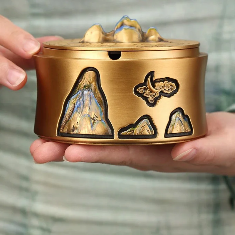 

Brass hand-painted thousand miles of Jiangshan covered ashtray household decorative ornament anti-fly ash cup