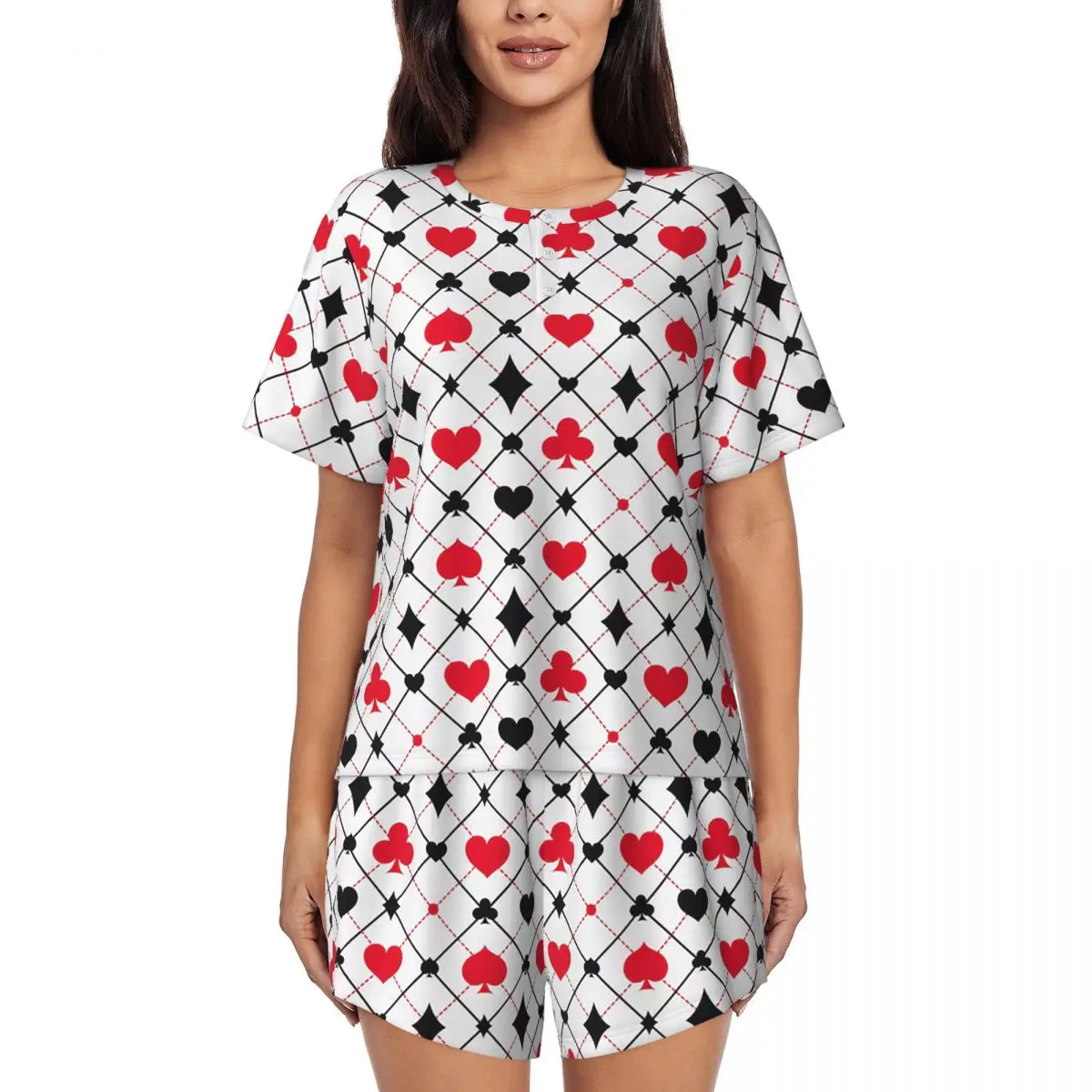 

Playing Cards Poker Print Round Neck Short Sleeves Nightdress for Sleeping Sleepshirts Women Loose Pajama Set Short Pants