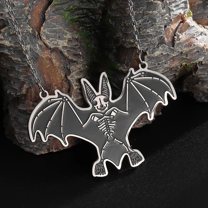 Creative Funny Bat Skull Electric Shock Figure Stainless Steel Pendant Necklace Men and Women Halloween Jewelry