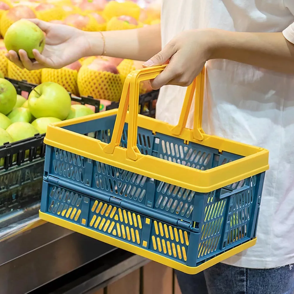 Foldable Storage Basket With Handle Portable Shopping Basket Outdoor Picnic Snack Food Fruit Storage Box Warehouse Storage Crate