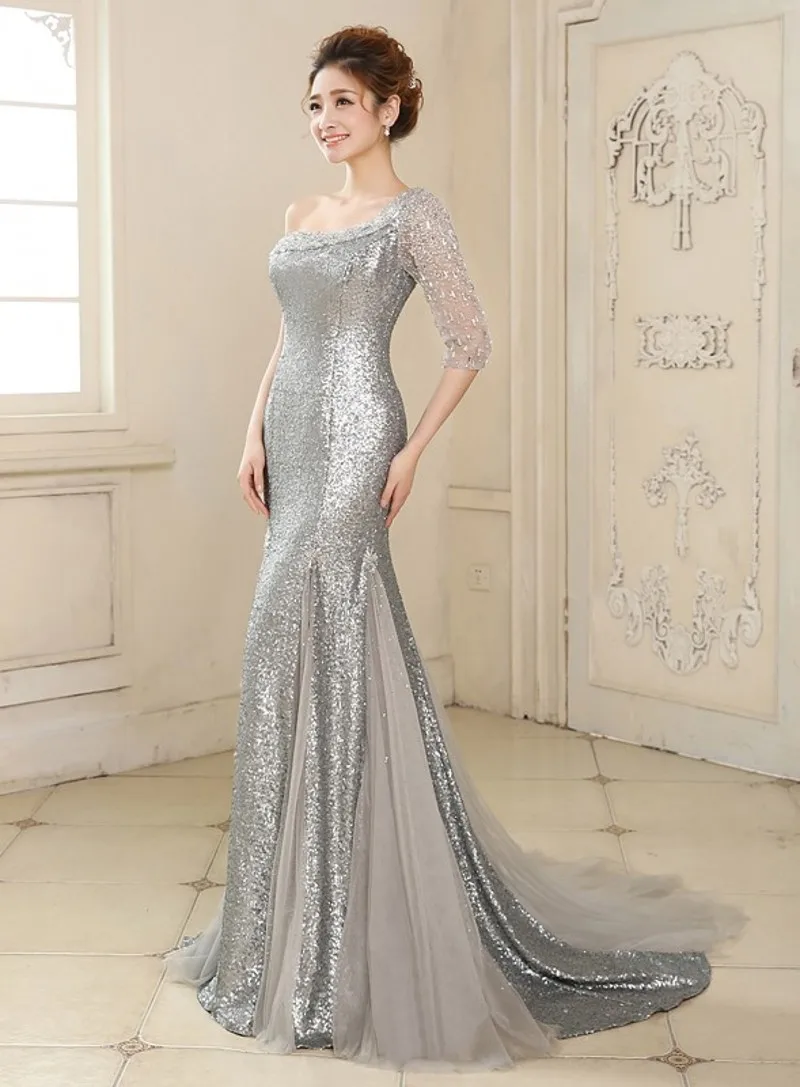 2025 Silver Mermaid ชุดราตรีไหล่ประดับด้วยลูกปัดคริสตัลยาวพรหม Gowns อย่างเป็นทางการ Robe De Soiree ที่กําหนดเอง