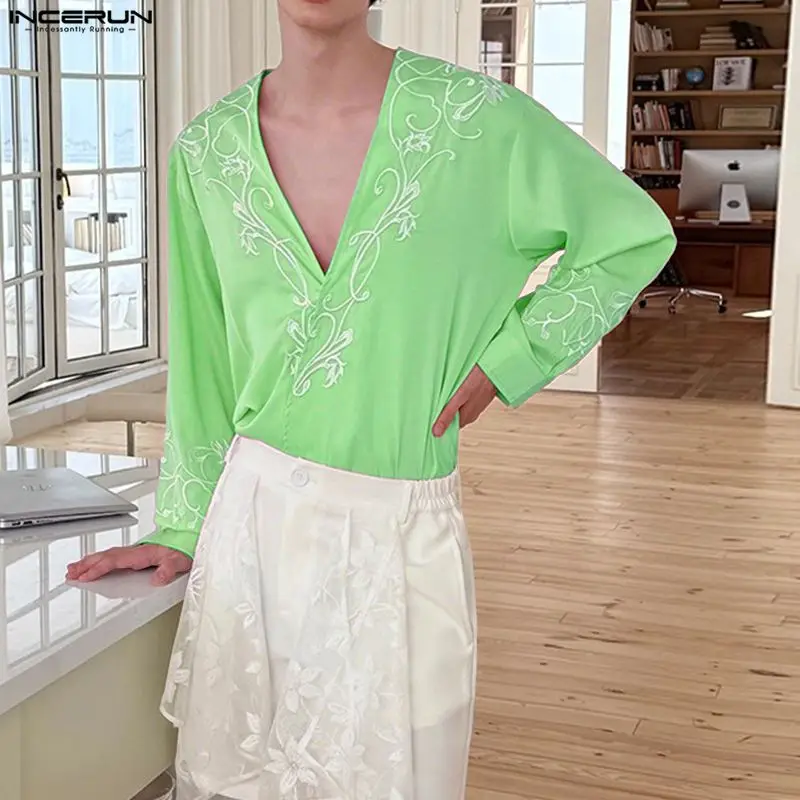 INCERUN الرجال قميص وصمة عار العميق الخامس الرقبة طويلة الأكمام التطريز ملابس الرجال غير رسمية الشارع الشهير فضفاض موضة الذكور القمصان Camisa S-5XL