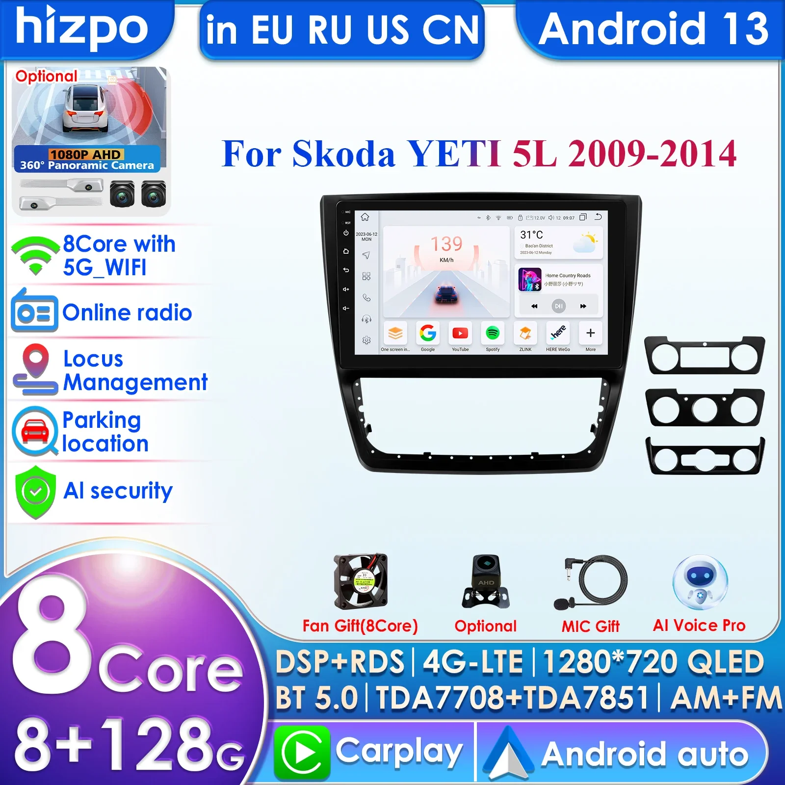 

Hizpo Wireless Carplay Android Auto Car Multimedia Player for Skoda Yeti 5L 2009 - 2014 Carplay 4G Autoradio 360° Camera GPS DSP
