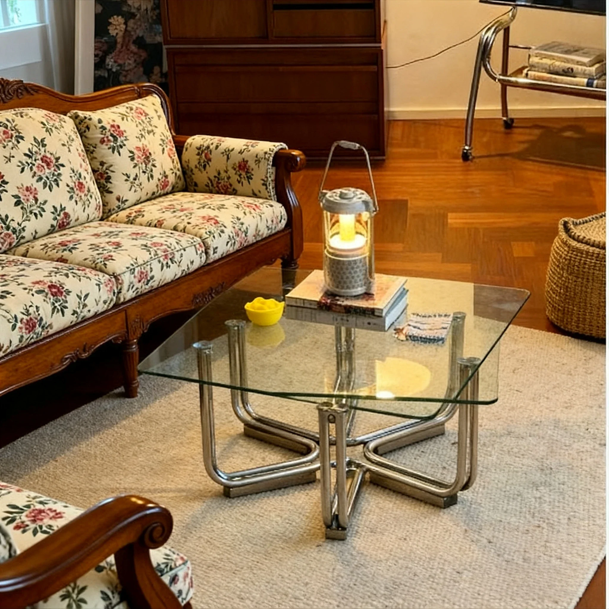 Modern Glass Coffee Table with Chrome Metal Frame, Retro Accent Center Table for Living Room, Minimalist Square Coffee Table