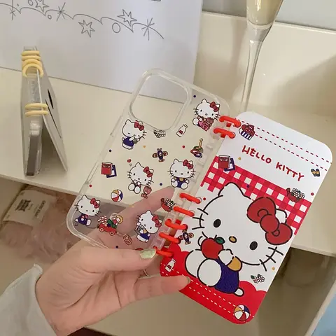 Sanrio 헬로 키티 플립 슬롯 카드 노트북 케이스 iPhone 13 14 15 16 Pro Max 귀여운 만화 투명 충격 방지 보호 커버
